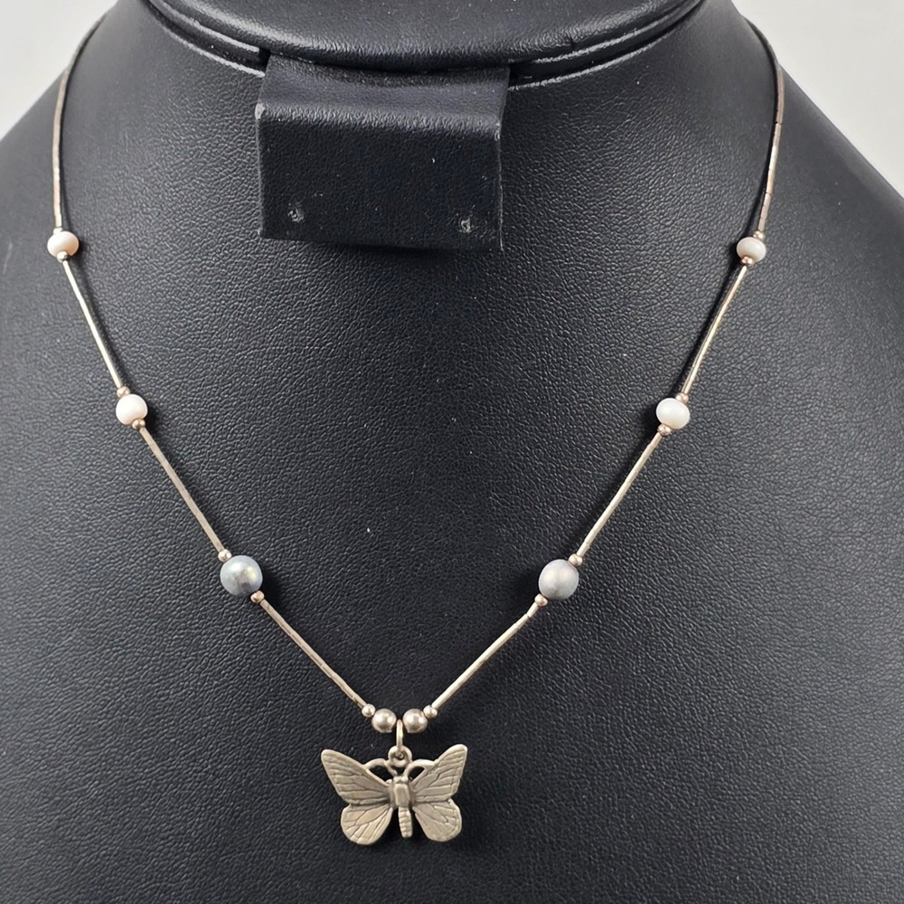 Vintage Sterling Liquid Silver Butterfly Pearl Bead Southwestern Necklace 16"